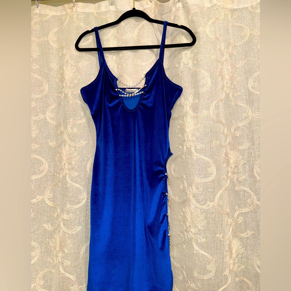 STUNNING blue dress with jewels and cutout! This dress is truly one of a kind